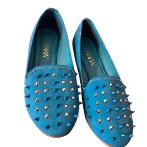 Teal Blue Spiked & Studded Loafers by ANNA